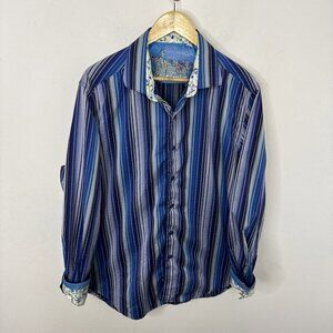 Robert Graham Men XL Striped Blue Long Sleeve Shirt Button